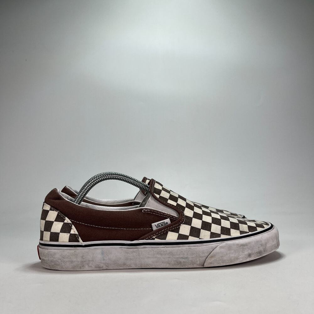 Vans Classic Brown White Slip On Checkerboard Skate Shoes 507698 Men Size 10.5